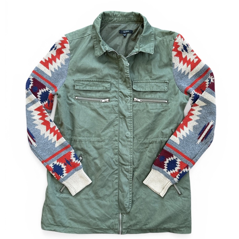 Quinn Utility Jacket Women Medium Olive Green Excellent Southwestern Knit Sleeve